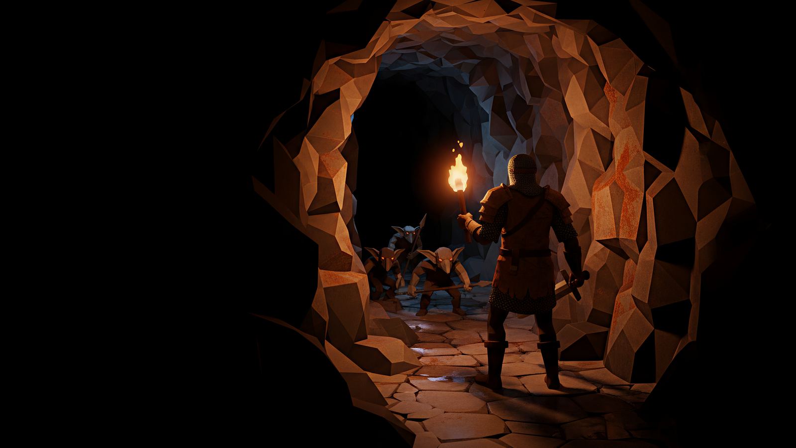 A delver with a torch faces goblins in a stone tunnel